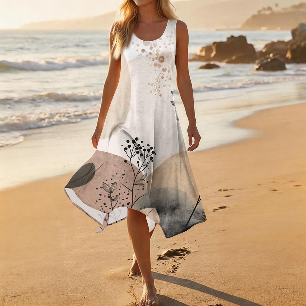 Women's Casual Sleeveless Floral Midi Dress, Round Neck Irregular Hem Summer Dress