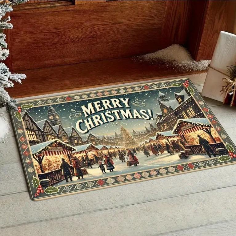 Christmas Theme Door Mat With Santa Claus Snowman Christmas Tree Patterns Soft Decorative Entryway Rug For Xmas Season Decor