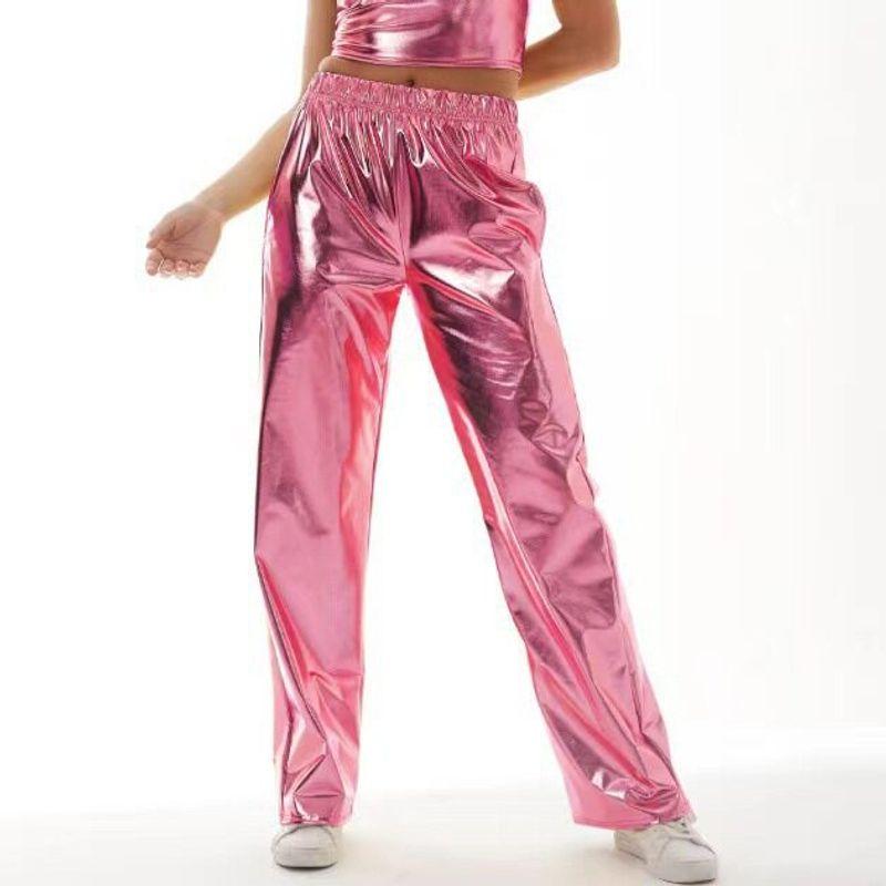 Hot-Selling Popular European and American Casual Pants for Men and Women, Gold-Stamped Patent Leather Street Hip-Hop Party Iridescent Loose Pants Pink M
