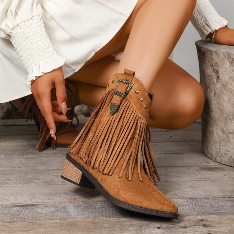 Markowe Kozaki Damskie Jesień 2025 Frędzle Western Stray Kozaki Do Połowy Łydki Szpiczasty Nosek Bohemia Metalowa Dekoracja Botki