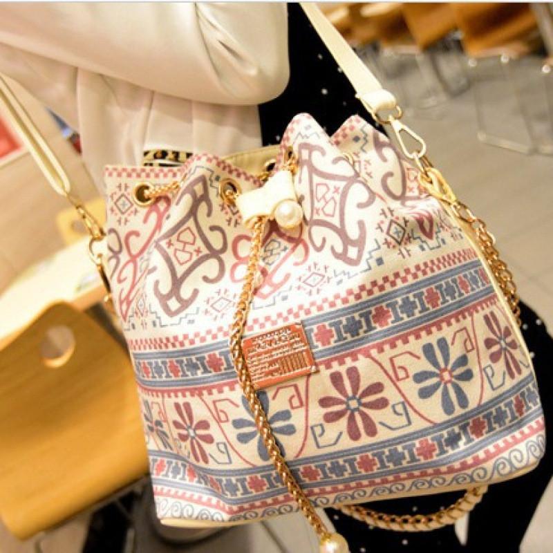 Oxford Canvas Bucket Bag For Women With Flower Print Design And Chain For Daily Use