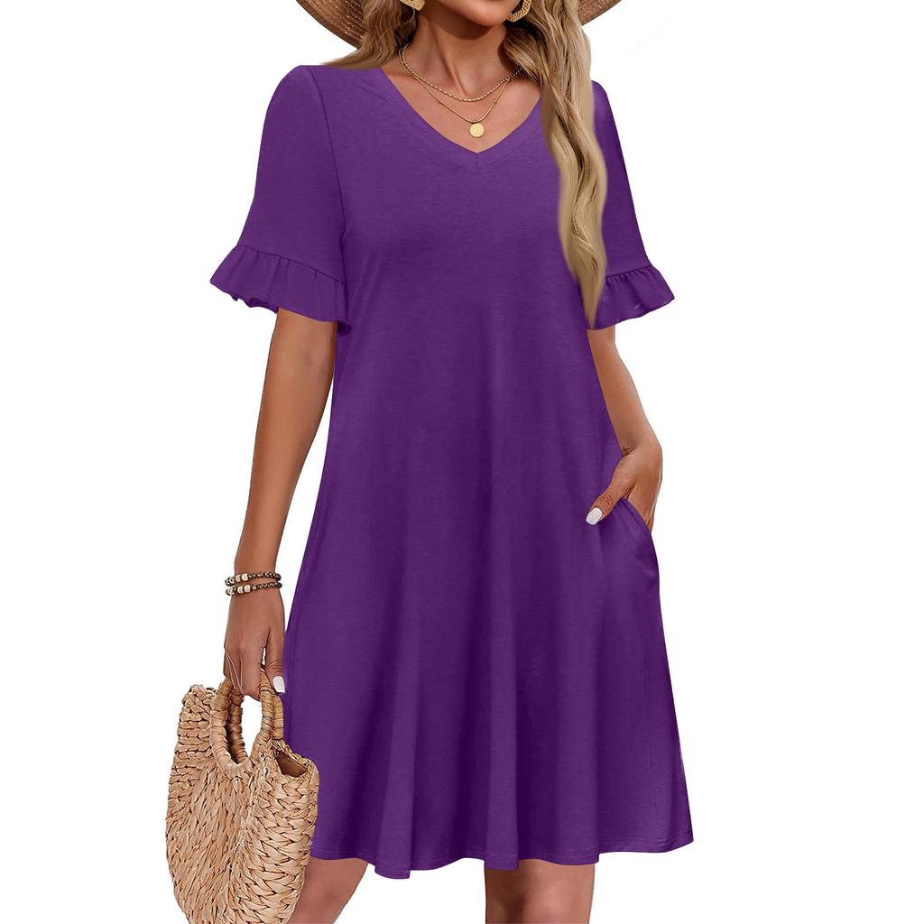 Women A Line Sun Dress Short Sleeve V Neck Dress With Pockets