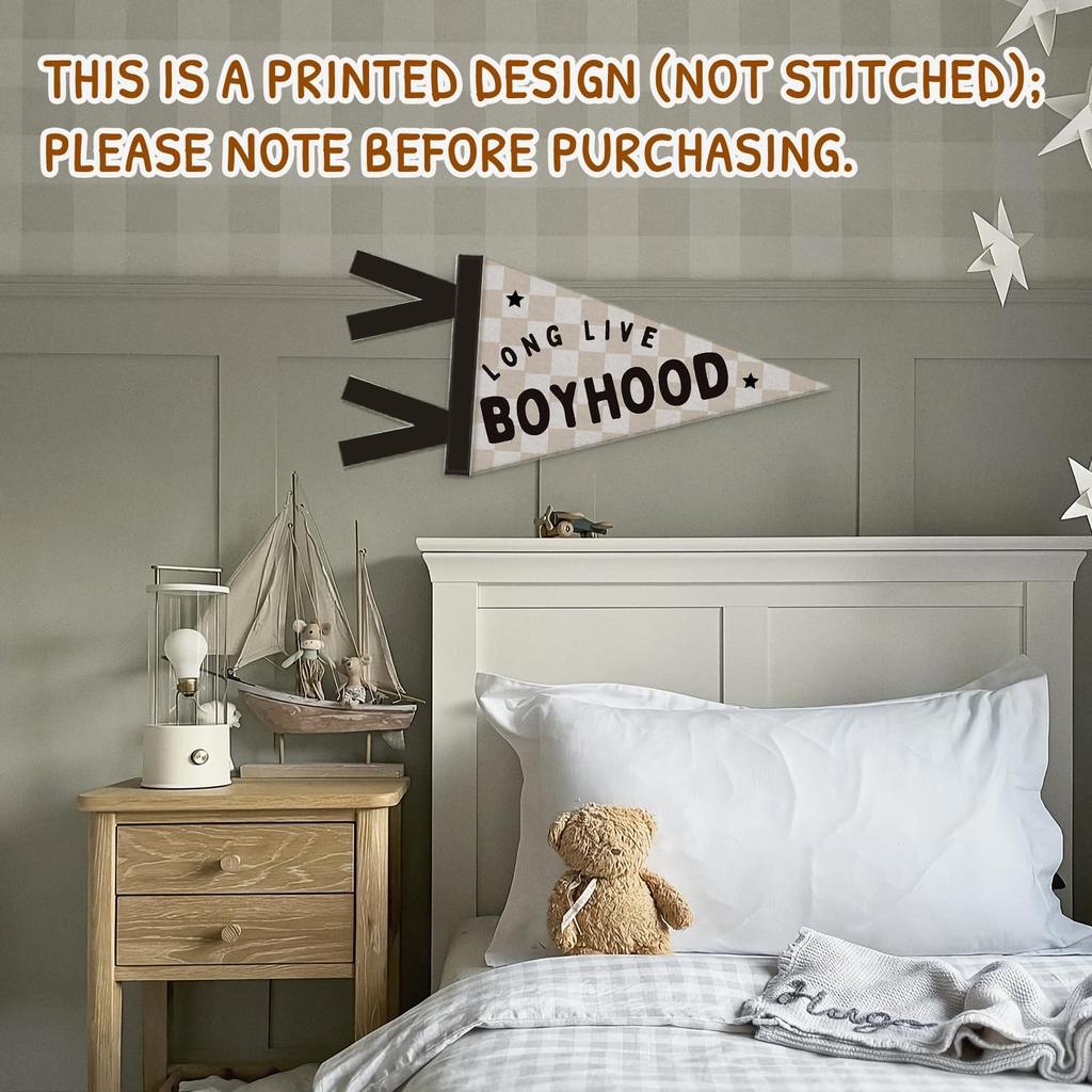 Boys Room Decor, Long Live Boyhood Wall Hanging Pennant Flag Banner, Preppy Neutral Beige Checkered Wall Decorations for Kids Boys Toddler Nursery