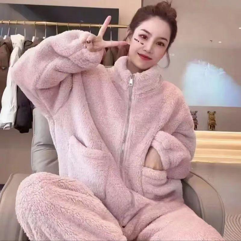 Fleece Tlustý Teplý Dámský Pyžamový Set Zimní Oblečení na Spaní Ležérní Zip Korálová Flanelová Bunda a Kalhoty Pyžamový Set Dámský Domácí Oblek
