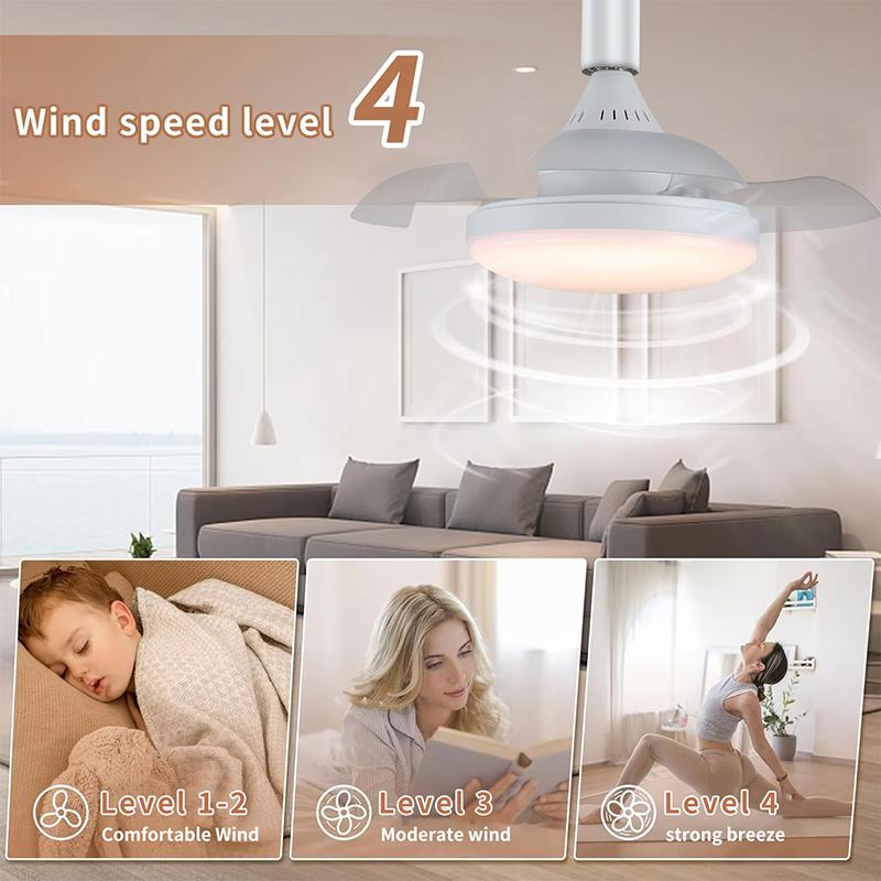 LED Ceiling Fan Light Retractable Blades Fans with Lights Remote Control APP E27 Socket Dimmable Timing 4 Speed Kitchen Bedroom