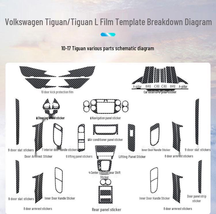 Volkswagen Tiguan 10-17 Innenraum Kohlefaser Kratz- & Trittschutz Konsole & Tür Kit