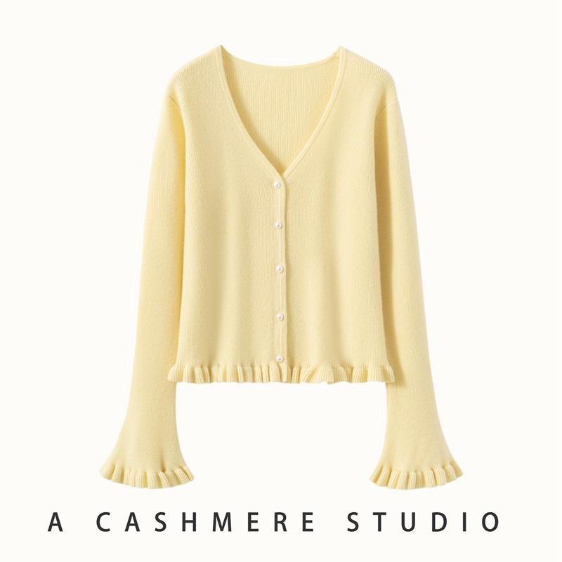 Women's V-neck Ruffle Bell Sleeve Cashmere Cardigan - Soft Knitted Loose Fit Sweater