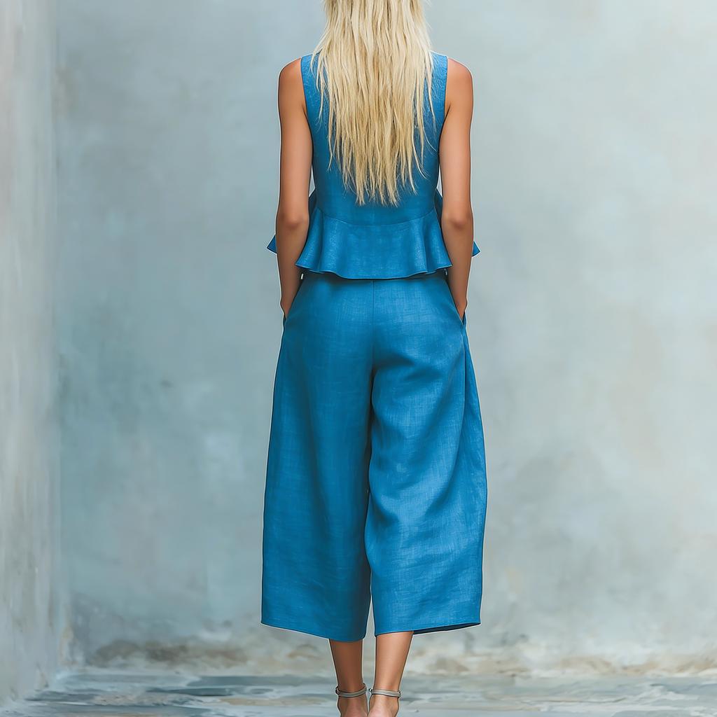 Moda Y Sexy Traje De Lino Con Cinturón Elástico Para Mujer Primavera y Verano Retro Conjunto Casual De Dos Piezas Moda Femenina Color