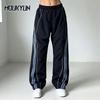 Y2K Women Striped Track Pants Elastic High Waist Baggy Nylon Joggers Drawstring Ankle Cuff Casual Streetwear Sports Trousers