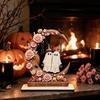 Halloween Ghost Swing Ornaments Moon Figurine, Reading On with Floral Whimsical Holiday Props Pumpkin Accents, Wooden Bookshelf Decor for Desk Mantel
