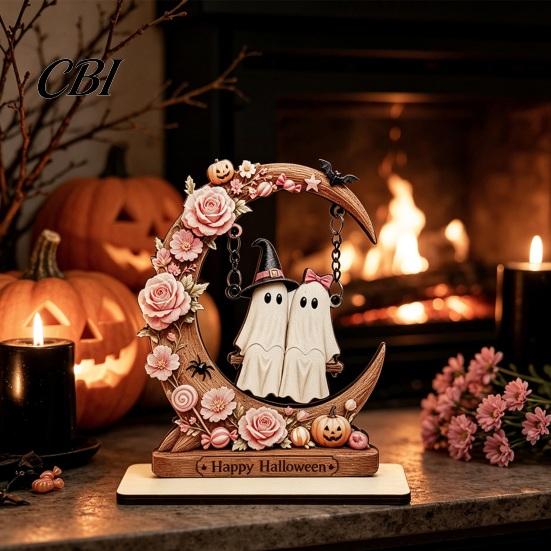 Halloween Ghost Swing Ornaments Moon Figurine, Reading On with Floral Whimsical Holiday Props Pumpkin Accents, Wooden Bookshelf Decor for Desk Mantel