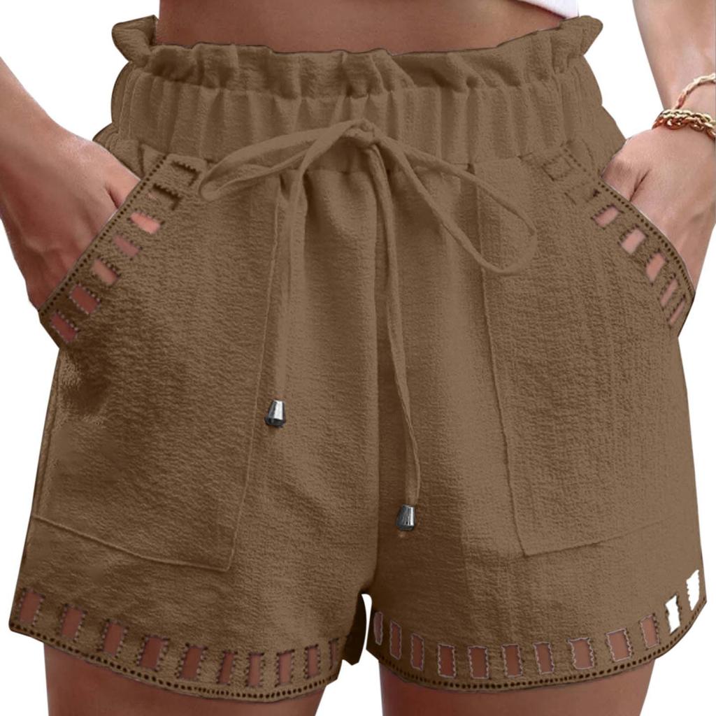 Shorts aus Baumwollleinen für Damen, einfarbig, dünn, mit ausgehöhltem Design, mit Taschenbesatz und enger Taille, Strandmode, weiße Kleidung