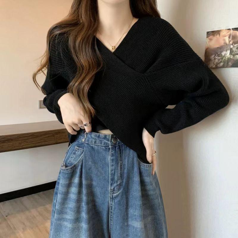 

Autumn and winter new irregular v-neck knitted sweater women s casual lazy wind pullover sweater one size fits all