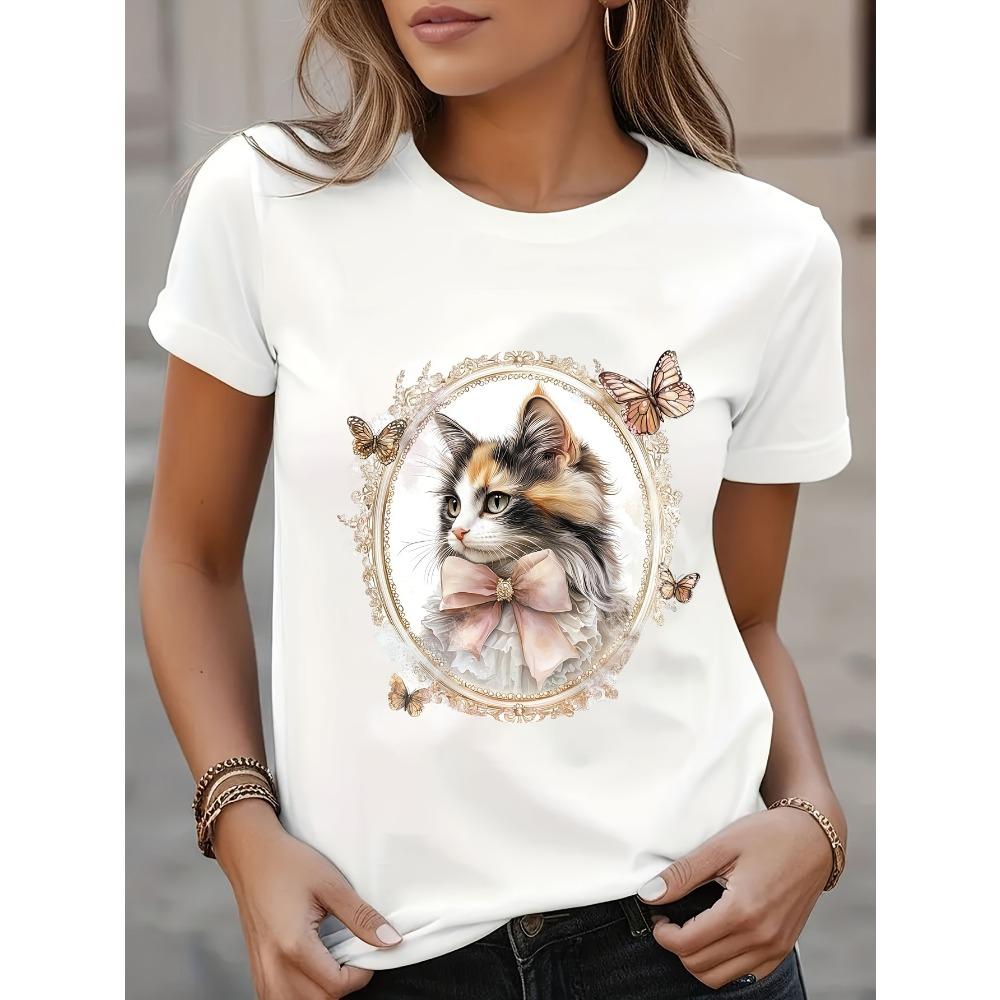 Women's Summer Printed T-shirt Short Sleeve Round Neck Cute Cat Pattern Fashion Pattern T-shirt