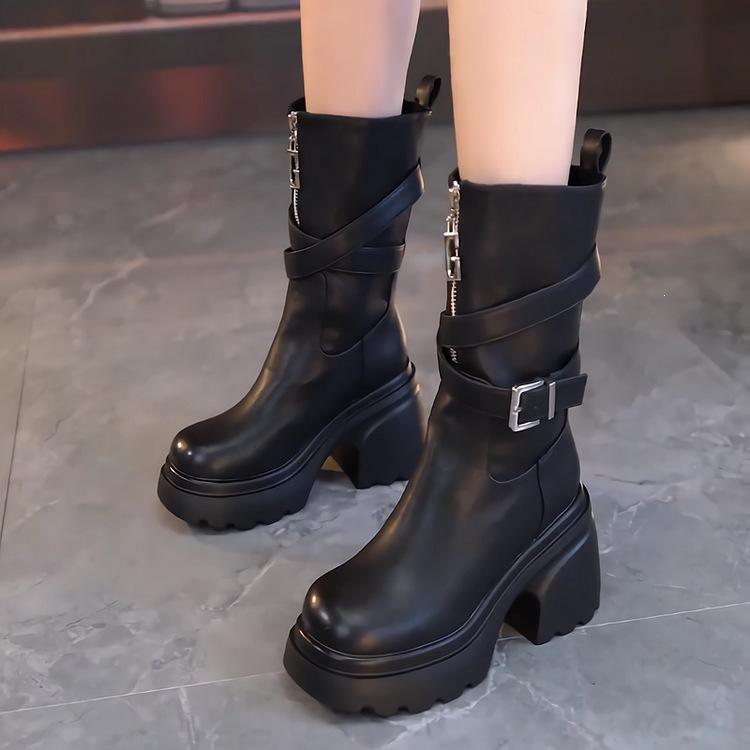 Soft leather thick-soled small thick-heeled short boots women's Martin boots 0000 autumn and winter new high-heeled belt buckle medium boots