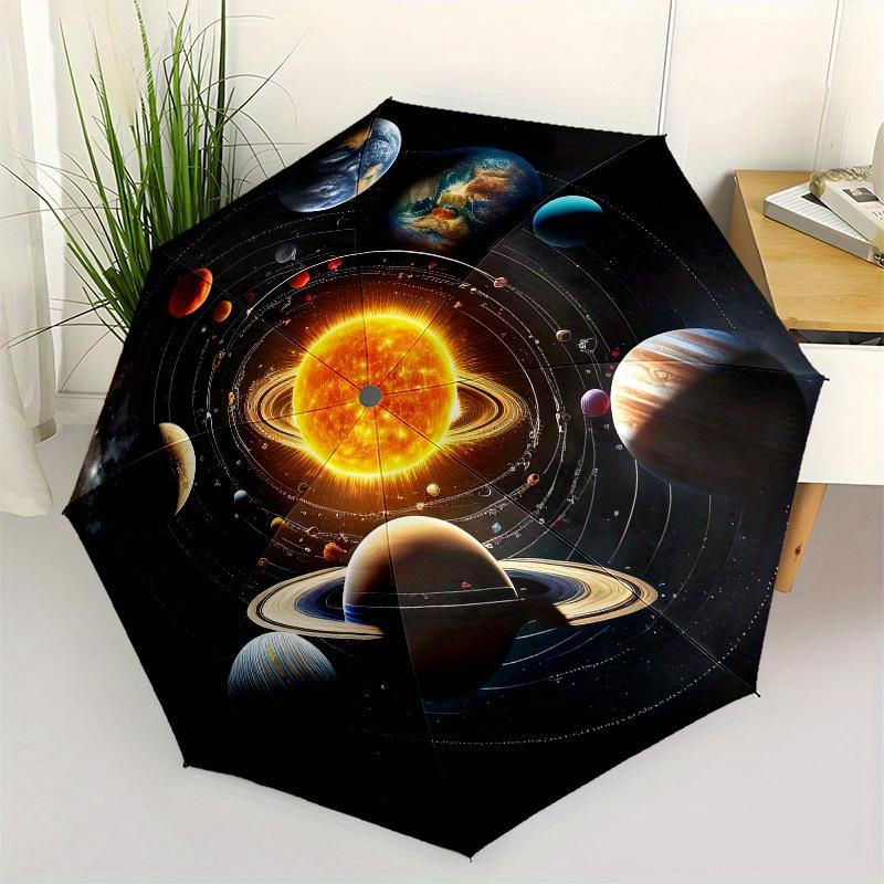 

Solar System, Planets Automatic folding umbrella simple eight rib design, bright color pattern, durable iron frame, ideal for travel and ou