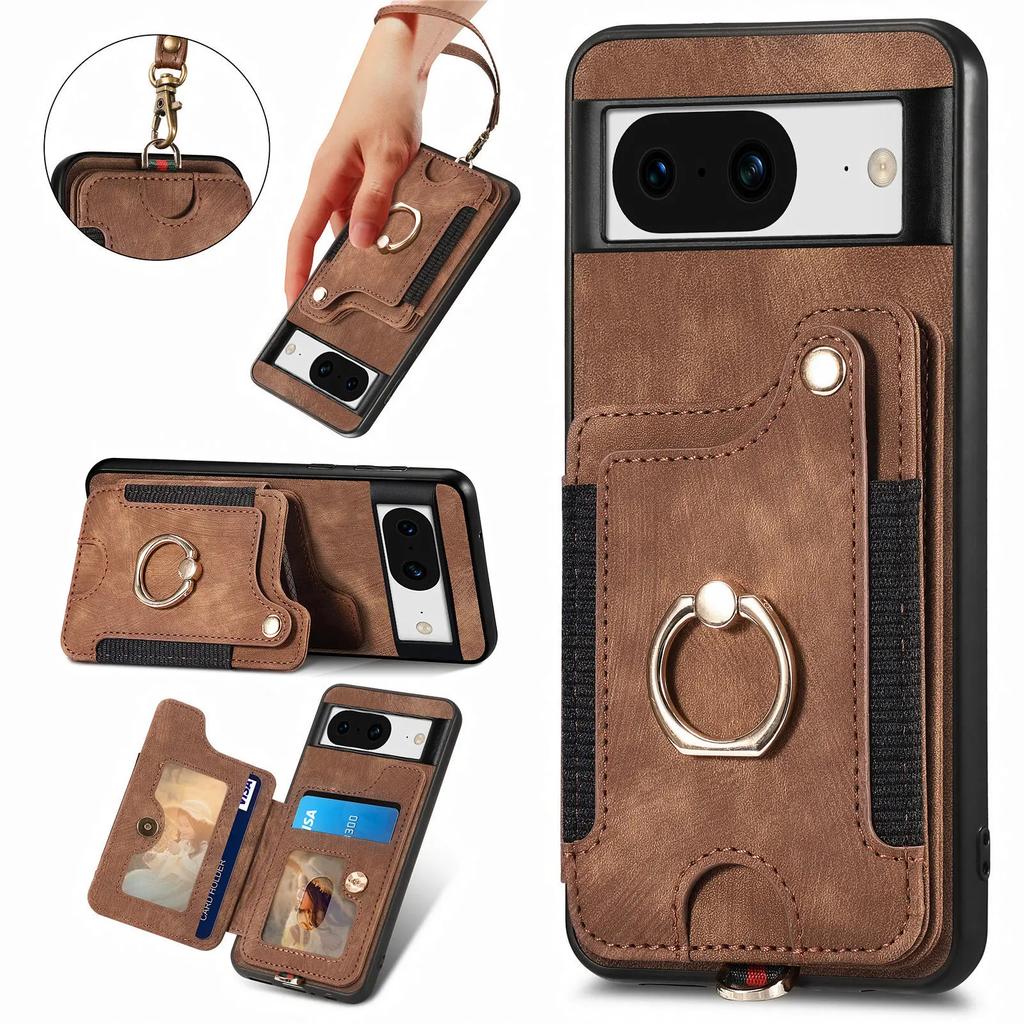 Ring Holder Cards Solt Leather Wallet Case for Google Pixel 8 Pro 7 7A 6 6A Magnetic Kickstand RFID Pouch Pocket Bag Strap Cover