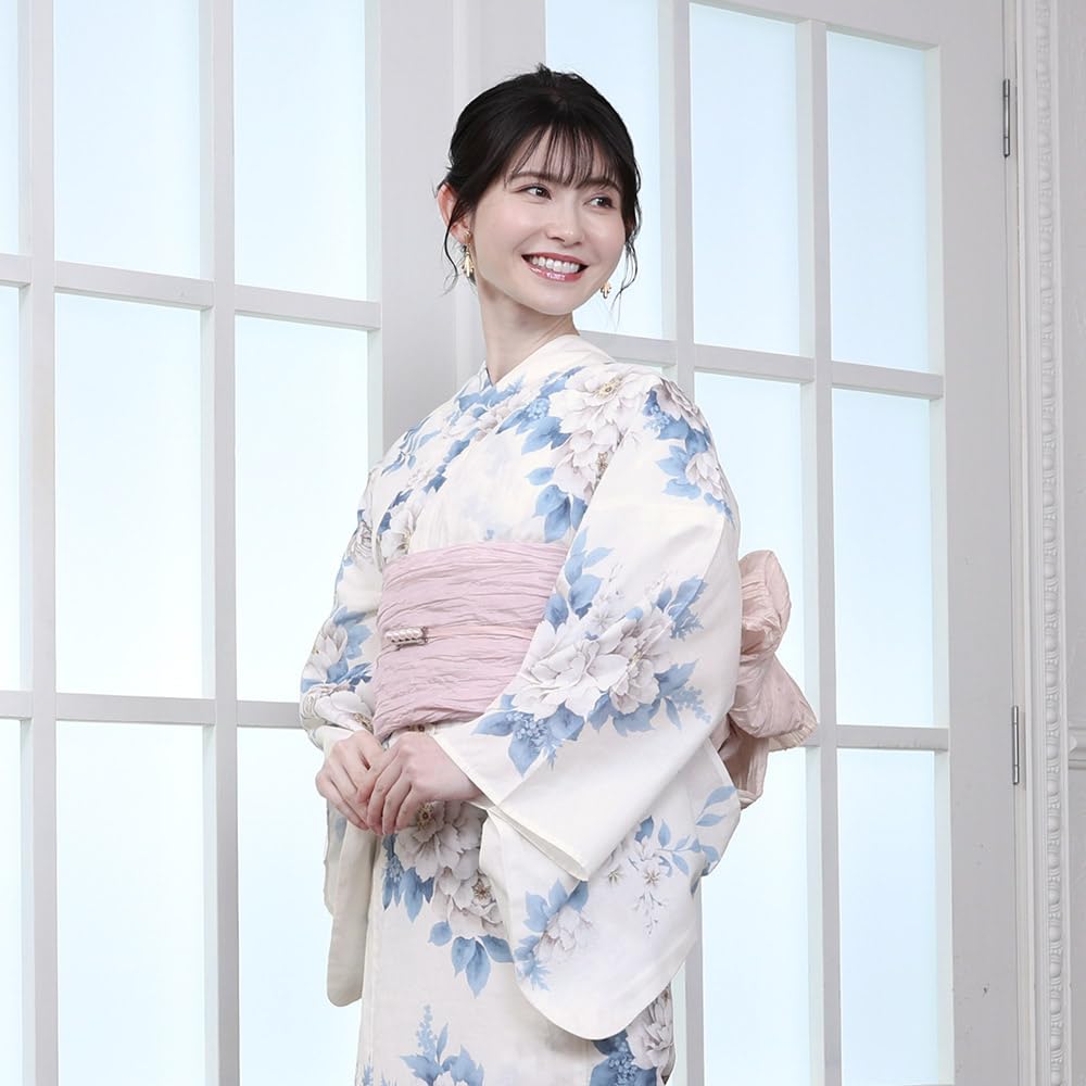 Kyoto Kimono Yuzen Women's Yukata and Obi Set, 2-Piece Floral Summer Kimono (Ivory with Peony)