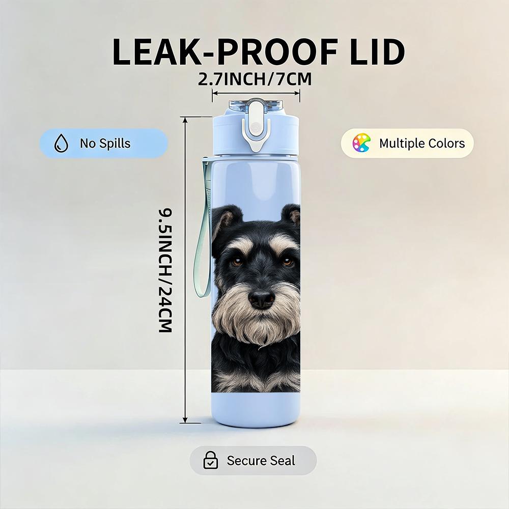 1PC Black Silver Schnauzer Bust 750ml Color Plastic Sports Water Bottle Leakproof Flip Straw Lid For Sports Office Home Use