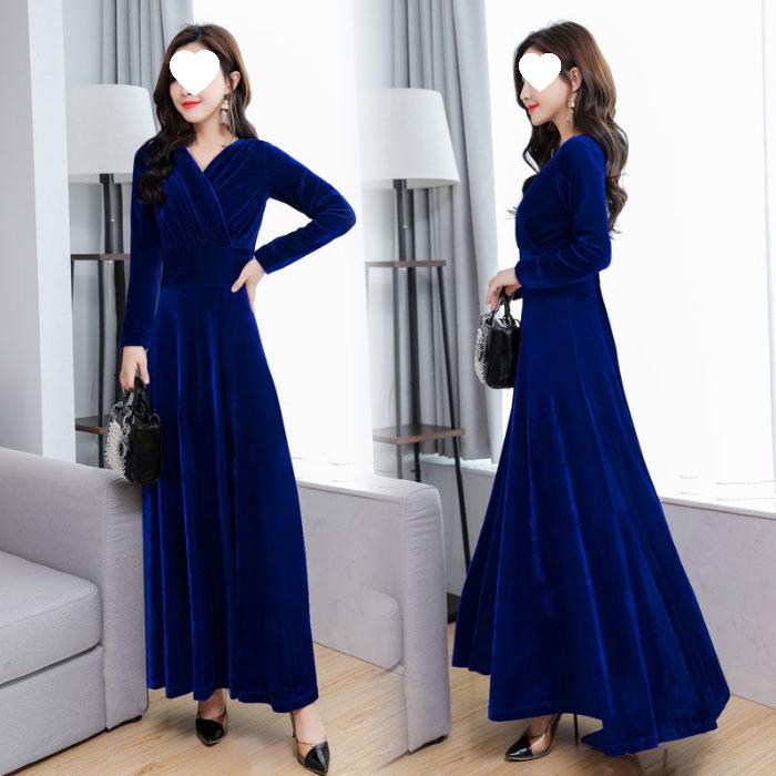2025 Gold Velvet Long Slim Dress with Long Sleeves - Plus Size Women's Spring/Autumn Fashion