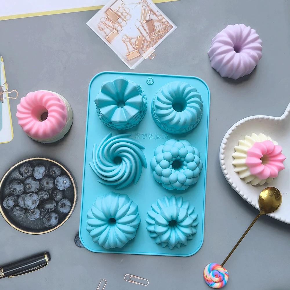 Silikonowe Formy do Ciasta 6-gniazdowe Nieprzywierające Karbowane z Dziurką Forma do Muffinek Wielokrotnego Użytku Forma do Cukierków Czekolady Donutów Kwiatów Narzędzie do Pieczenia