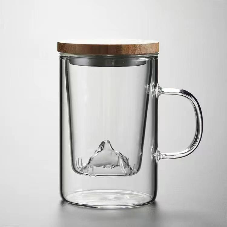 Three piece Cup of High Borosilicate Glass High Temperature-resistant Tea Water Separation Cup Office Bamboo and Wood Cover Filter Guanshan Tea Cup