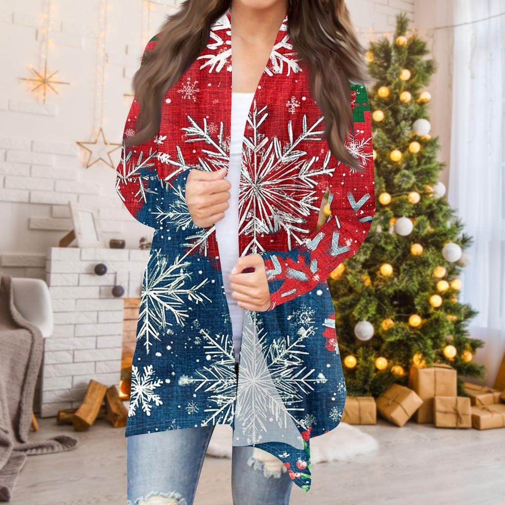 Dame Mote Casual Jul Print Medium Lengde Cardigan Jakke Kåpe