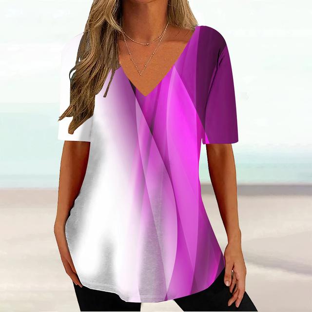 Gradient Stripes Printed V-neck Short Sleeved T-shirt Versatile Comfortable Fashionable Casual Women's T-shirt
