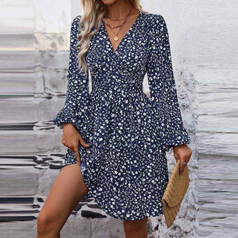 Spring Summer Women's Dress Solid Color Chest Wrapping V-Neck Lantern Sleeve Dress Women's Clothing