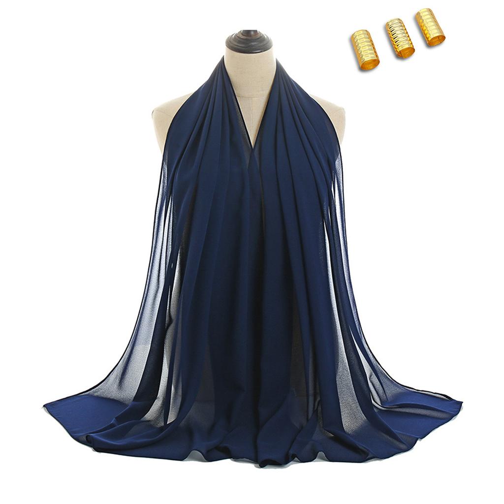 Solid Chiffon Hijab With Scarf Buckle Set Muslim Woman Hijabs Shawls Soft Islimic Turban Headband And Metal Hollow Buckle Set