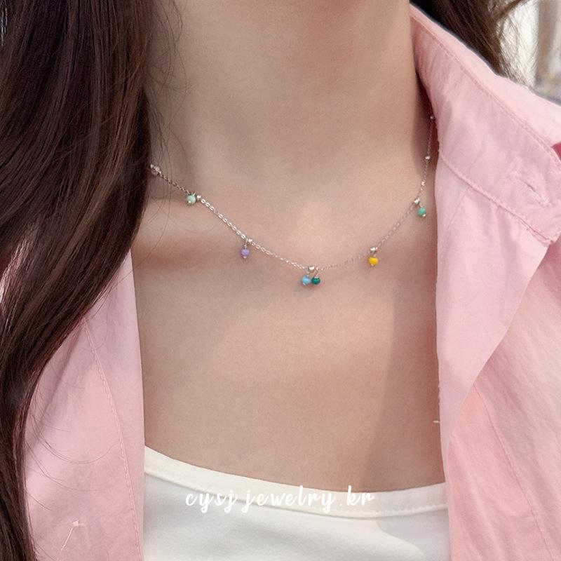 Cui Yan S925 Sterling Silver Rainbow Beaded Necklace - Korean Dongdaemun Style Choker for Women, New Summer Fashion.