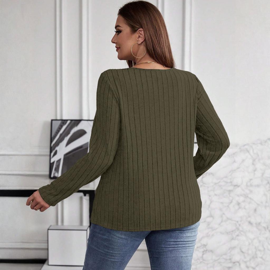 Women's Color Plus Size Cross V-Neck Long Sleeved Pullover T-shirt Top