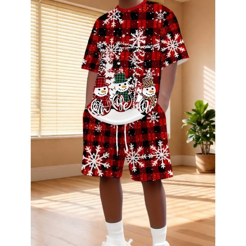 

2-piece Men s Christmas Plaid & Snowman Printed Set - Red and Black Checkered L