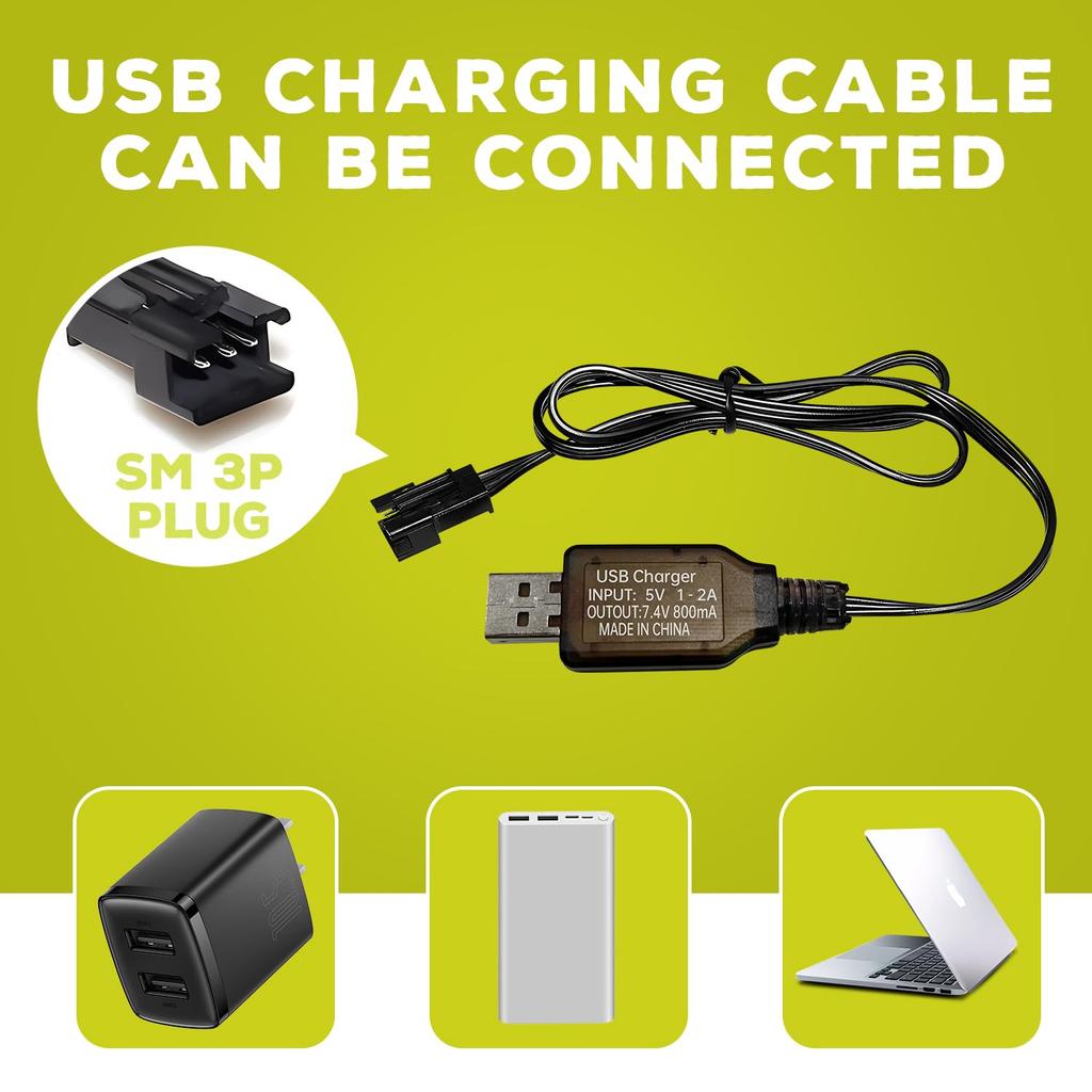 2PCS 7.4V 3000mAh 15C 2S Li-ion Battery with SM-3P Plug and USB Charging Cable for DE43, DE60, 9500E, Huina 1575 Remote Control Engineering Car, and