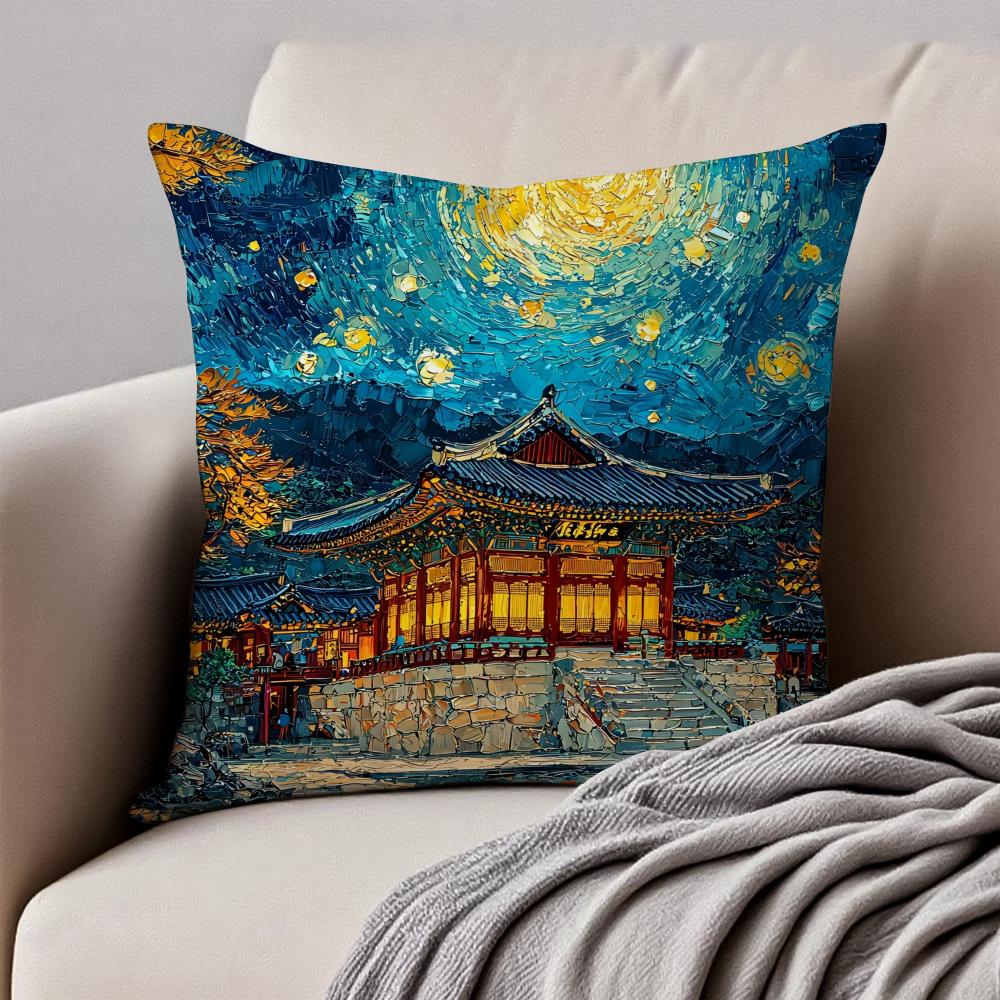 Historic Korean Landmark FFoguo Temple Cushion Cover Pillowcase Antidustmite Invisible Zipper Short Plush Sofa Cushion