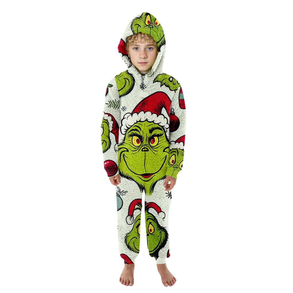 Christmas Print Family Matching Hooded Long Sleeved Zippered Jumpsuit Set