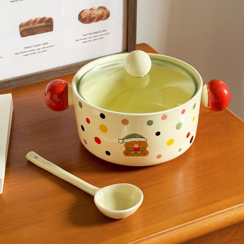 ins cartoon polka dot instant noodle bowl with lid student dormitory snail powder bowl binaural ceramic soup bowl high-value tableware
