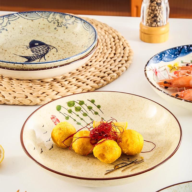 Modern stílusú kézzel festett kerámia tányér kreatív kör alakú gyümölcssalátás tányérok otthoni délutáni teázáshoz desszertes tányér retro étkészlet