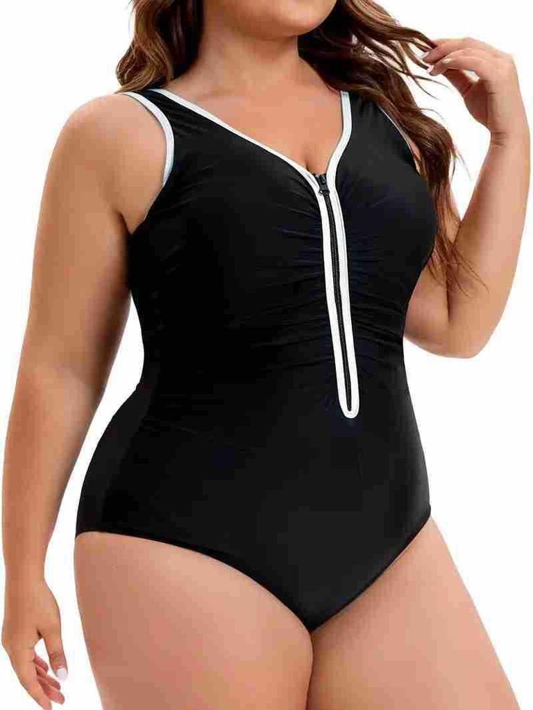 Plus Size Black & Blue Color Block Swimsuit with Front Zipper – Slimming, Waist-Cinching, Tummy-Concealing for Hot Springs