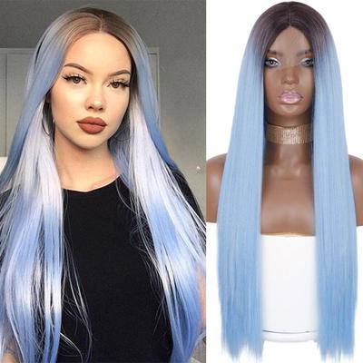 Parrucca Lunga Liscia Nera Blu Parrucca Capelli Sintetici Rosso Borgogna Rosa Ombre Pizzo Parziale Parrucche per Capelli da Donna Parrucca con Riga Centrale