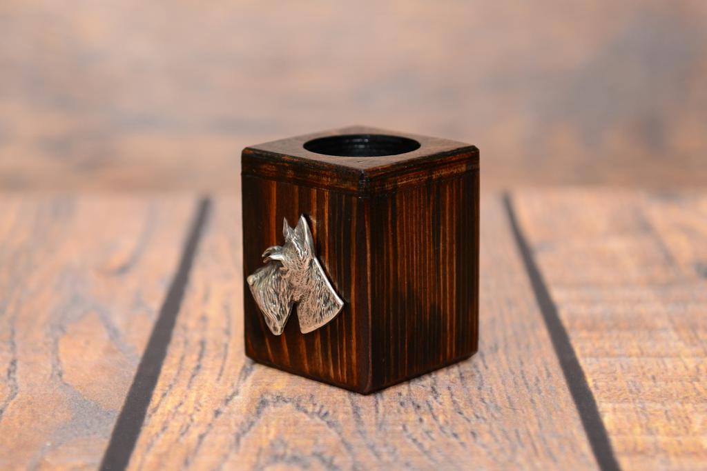 Scottish terrier, Aberdeen Terrier- wooden candle holder with a dog, a unique souvenir after losing a dog, a handicraft from the Art-Dog brand