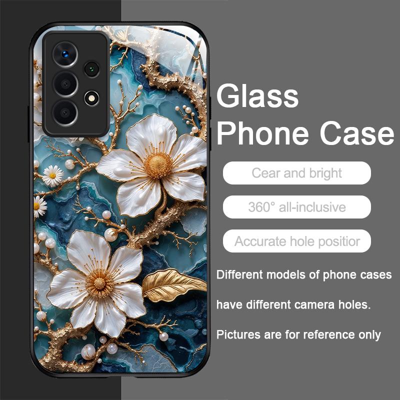 White Camellia Flower Marble Texture Tempered Glass Phone Case for Samsung Galaxy S26 S25 Ultra S24 S23 Plus S22+ S21 FE Covers