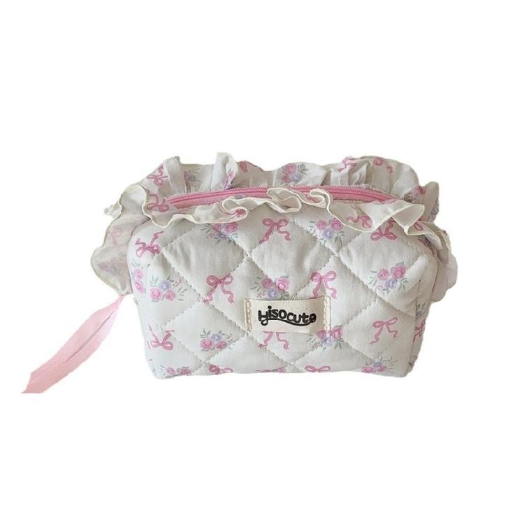 

Elegant Lace Trimmed Makeup Organizers Roomy Cosmetic Bag For Women Sturdy Polycotton Materials Portable Design For Cosmetics Skincare Essential білий