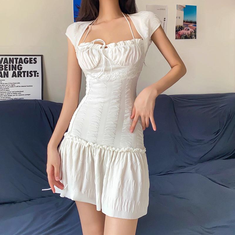 Summer White Lace Sweet Sexy Dress Women Square Neck Slim Fit Ruffled Pleated Casual Dress Short Sleeve A-line Party Club Dresses Female 1082