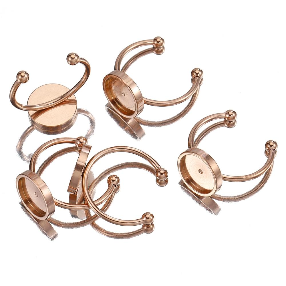 No Fade 5pcs Stainless Steel Adjustable Open Ring Base Cabochon Cameo Blank Settings Glass Bezel Jewelry Making Accessories