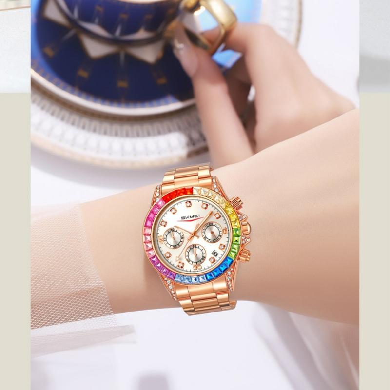 Skmei Fashion Womens Sports Watches Stainless Steel Day Date Watch Ladies Luxury Colored Diamonds Calendar Quartz Wristwatch