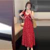 Retro Floral Dress Temperament Red Dress Female Summer Spice Girl Waist Vacation Wind Seaside a Word Suspender Dress