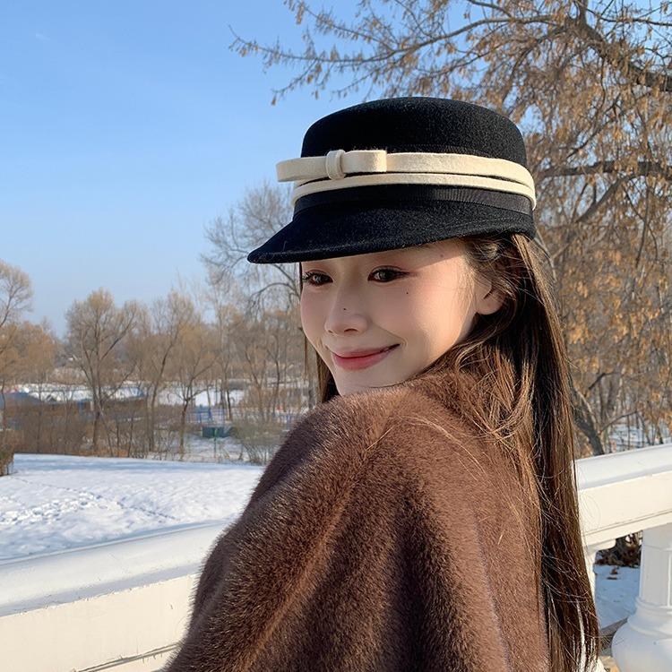 

British Bow Woolen Equestrian Hat Hepburn Style Top Hat Children Autumn and Winter Black Newsboy Hat Beret One Size чорний
