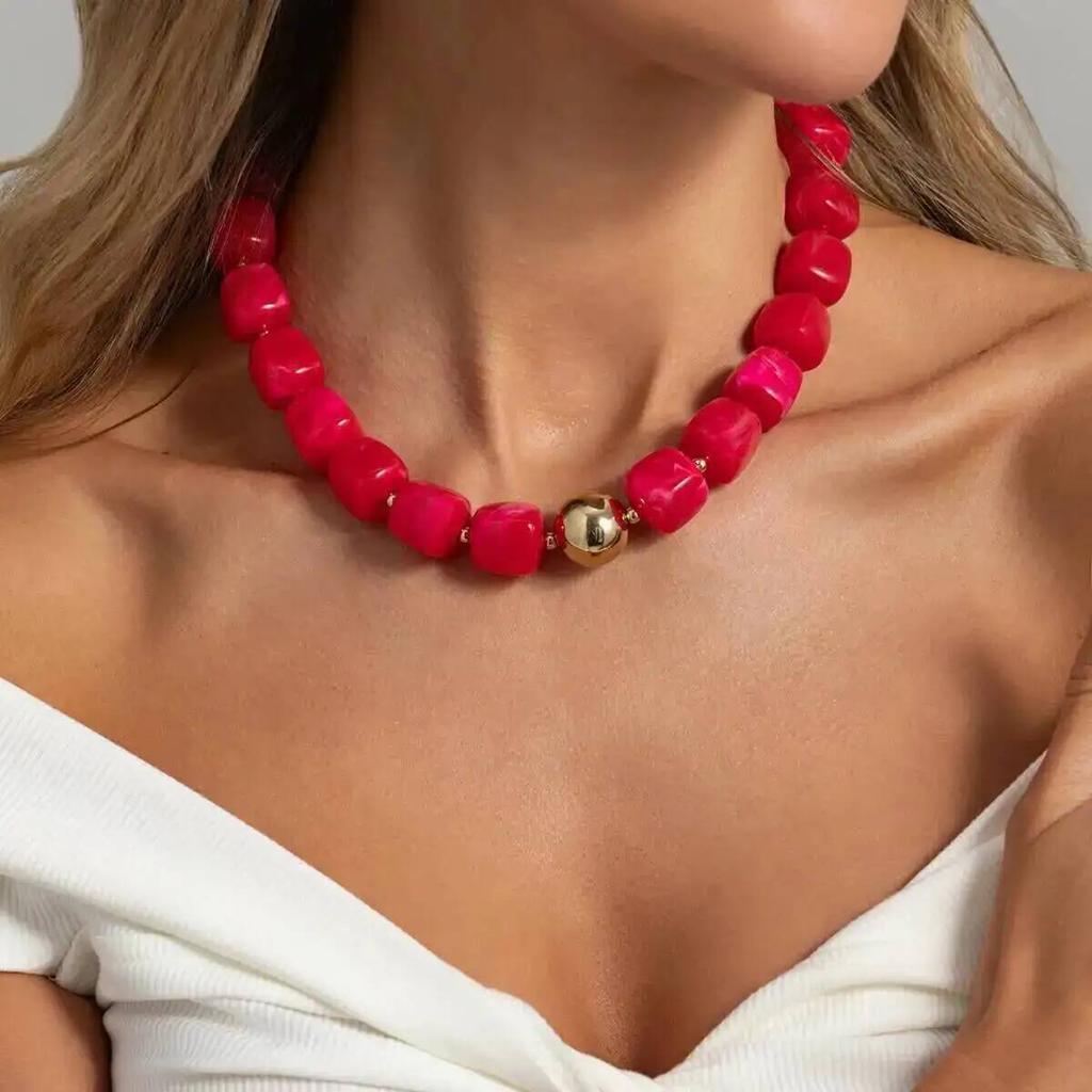 IngeSight.Z Y2K Bohemia Colorful Square Resin Beaded Necklaces Women Temperament Charm Statement Clavicle Chain Banquet Jewelry