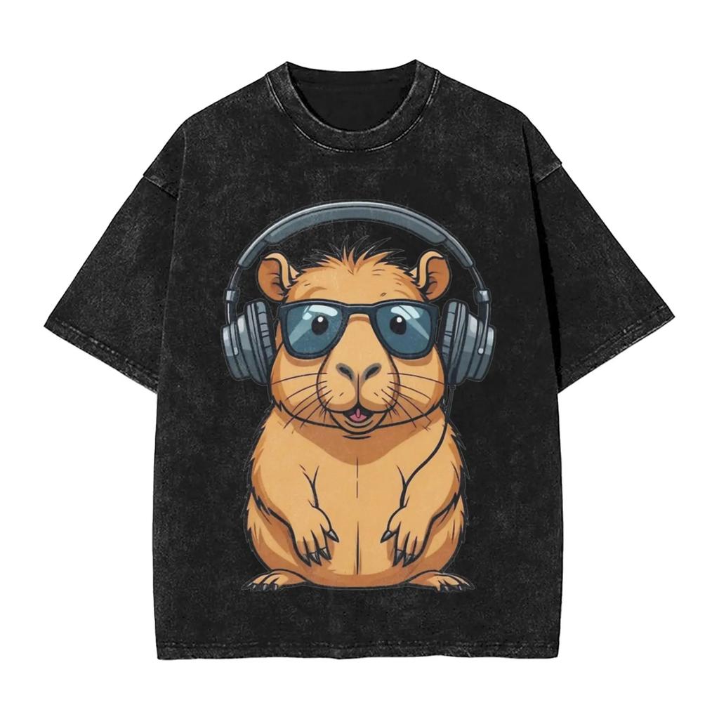 Men's Cool capybara with headphones T Shirts Tees Beach Aesthetic Short-Sleeve T Shirt Crew Neck Trendy Design Tshirt Cheap